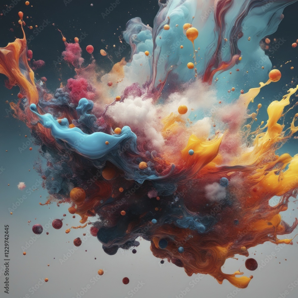 Poster abstract burst of colorful paint in blue and orange with a dynamic flow pattern on a dark background