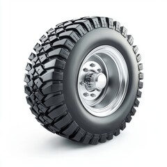 Obraz premium heavy-duty truck wheel with rugged tread and a shiny silver hubcap, placed on a clean white background