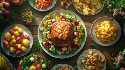 Festive Easter dinner table, food photography, spring