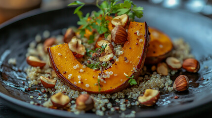 a vibrant and appetizing roasted pumpkin dish served with quinoa and crunchy hazelnuts, garnished with fresh herbs