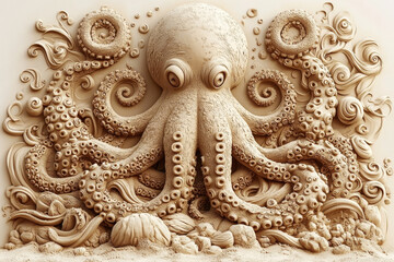 Intricate octopus sculpture; detailed tentacles, swirling ocean motifs, sandy texture.
