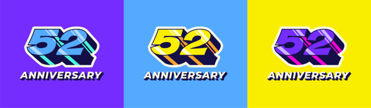 Logo 3D Retro Long Shadow Colorful 52th, 52th Happy Anniversary in Colorful 3D Retro with long shadow and Glossy effect. Modern and Old concept.