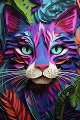 Imaginary cat in fantasy multicolored paper style, AI Generated