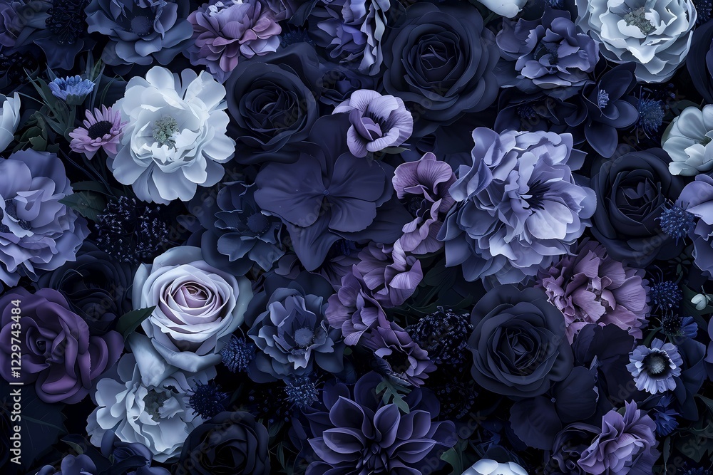 Aufkleber rich floral pattern with an array of flowers in deep blues and purples set against a dark background