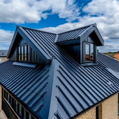 Pitched metal roof structure with dormer window on residential building exterior