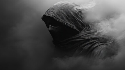 Mysterious Figure in Dark Charcoal Background with Subtle Texture and Wisps of Smoke for Atmospheric Effect