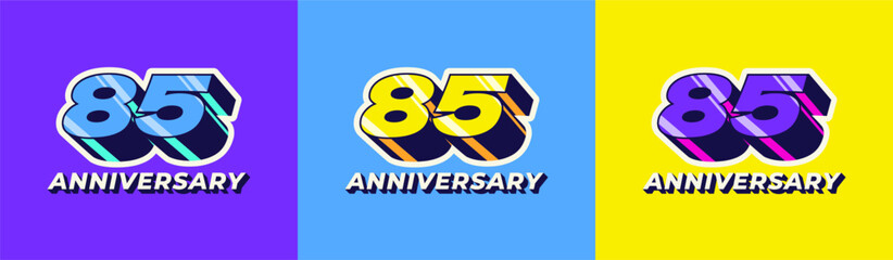 Logo 3D Retro Long Shadow Colorful 85th, 85th Happy Anniversary in Colorful 3D Retro with long shadow and Glossy effect. Modern and Old concept.