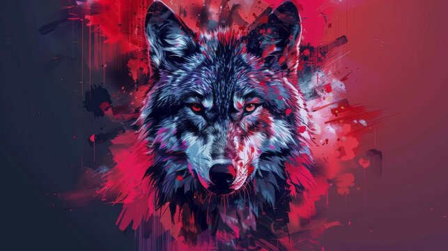 Vibrant digital artwork of a wolf in neon pink and blue tones with an abstract style, ai generated, AI generated