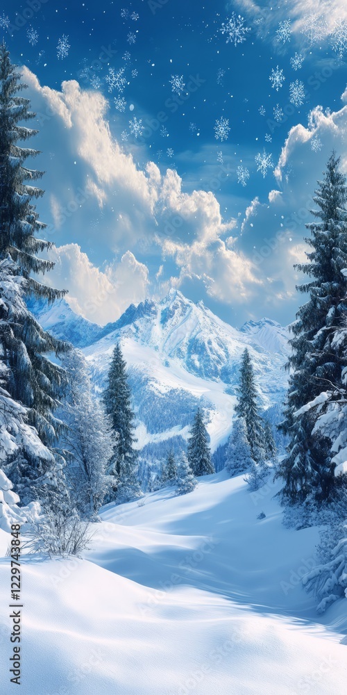 Poster snowy mountain range with trees and a snow-covered path. the sky is cloudy and the snow is falling