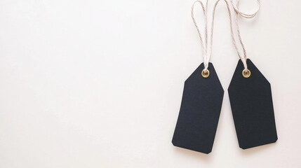 Two blank black price tags with cream twine transparent background for sale promotion design