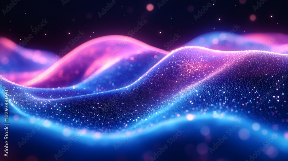 Poster neon blue wave patterns glowing gradient effects creating a futuristic digital wallpaper with smooth