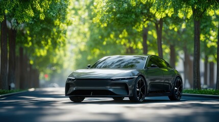 Fototapeta premium Futuristic Electric Vehicle Gliding Through a Lush Green Tree-Lined Avenue