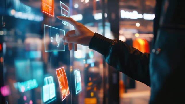 Virtual shopping, discounts, interactive game, shopper discovering rewards, digital store, floating products, fashion items, holographic, futuristic interface, immersive experience, bright, engaging