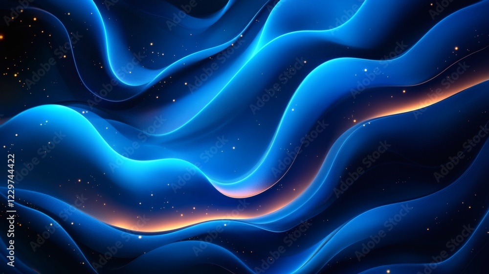 Poster neon blue wave patterns glowing gradient effects creating a futuristic digital wallpaper with smooth