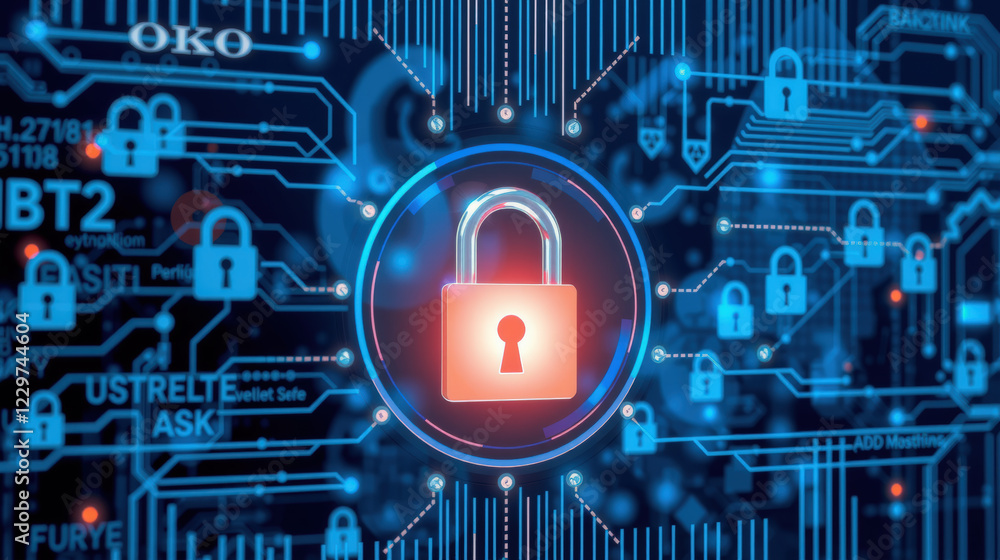 Poster digital illustration of padlock symbol surrounded by circuit patterns, representing online banking s