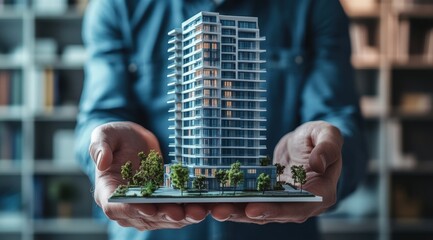 Man Holding Architectural Model of Modern High-Rise Building