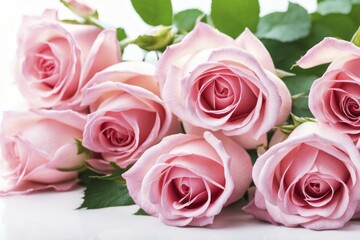Fototapeta premium Lovely pink roses with green leaves placed on a white background, creating a light and airy feel, AI generated