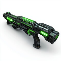 sci-fi plasma rifle with glowing green accents, centered on a clean white background