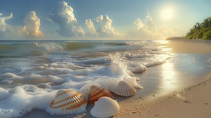 Obraz premium Beach with South Sea shells. The surrounding landscape has the atmosphere of a tropical sandy beach with a South Sea flavour. AI generated, AI generated, AI generated