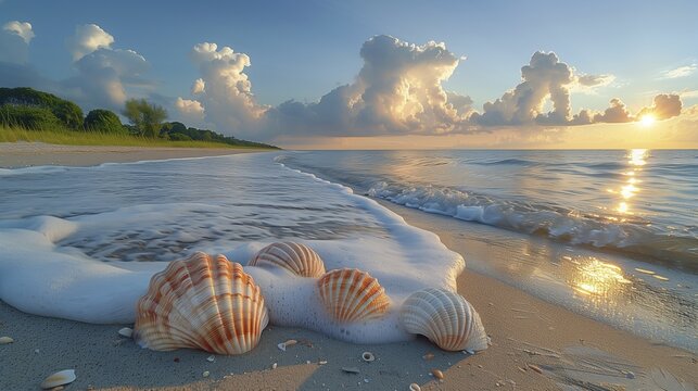 Landscape with a view over a beautiful sandy beach with dunes and shells lying on the beach. AI generated, AI generated, AI generated