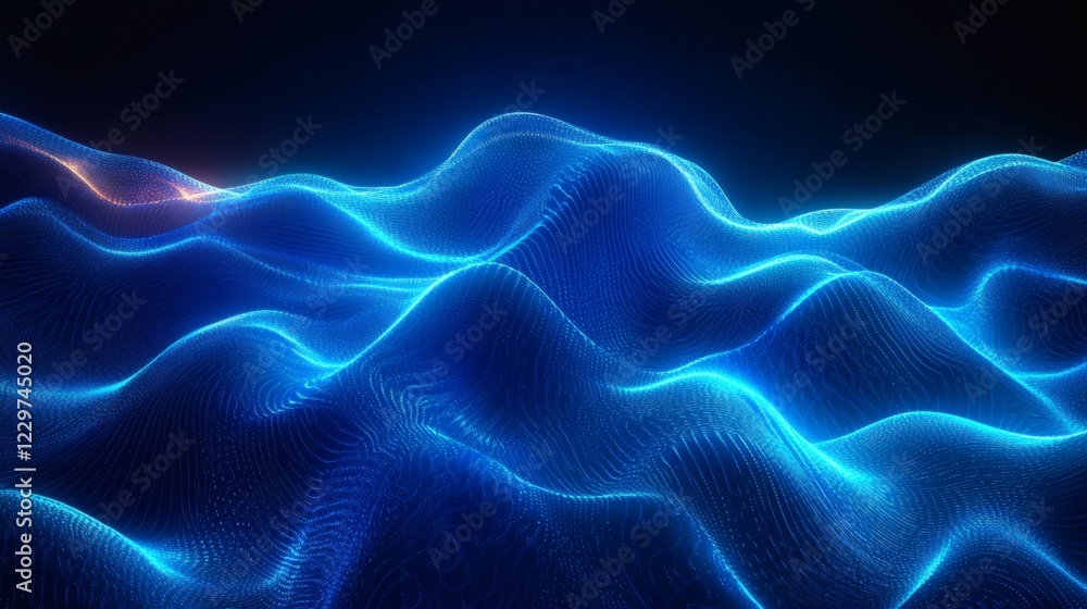 Poster neon blue wave patterns glowing gradient effects creating a futuristic digital wallpaper with smooth