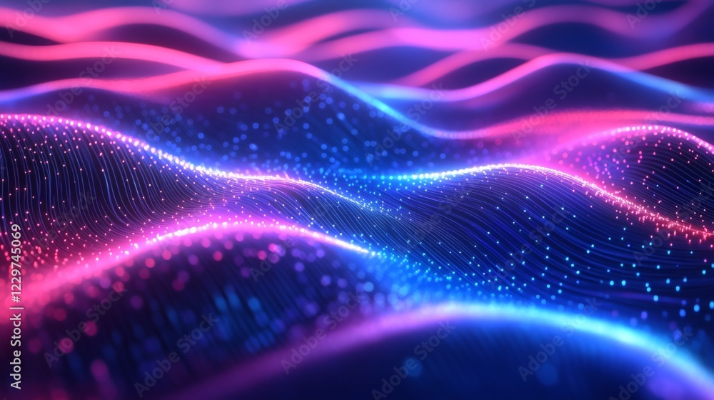 Poster neon blue wave patterns glowing gradient effects creating a futuristic digital wallpaper with smooth