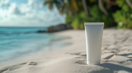 On left side of image white cosmetics cream tube without labels, tube stays on sand , blurred Maldives beach on background, mockup