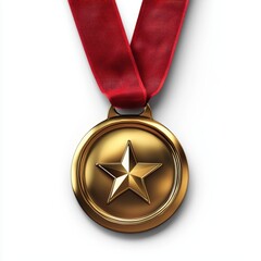 shiny gold medal with a star emblem in the middle, attached to a vibrant red satin ribbon, placed on a clean white background