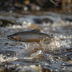 Obraz premium Salmon (Salmo salar) on the migration and swim up a stream in shallow, clear water, ai generiert, AI generated