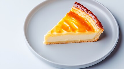 Creamy Custard Tart with Golden Caramel Topping on Gray Plate