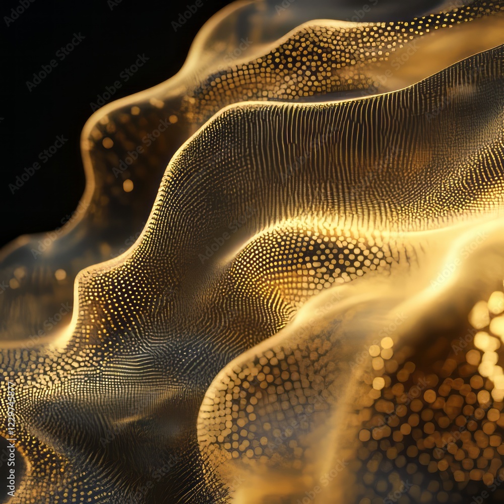 Poster a stunning abstract image featuring golden wave patterns with dotted textures, set against a dark ba
