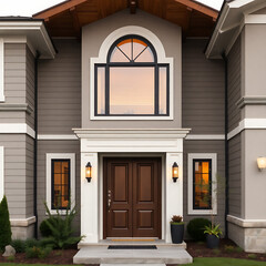 Luxury Modern Home Exterior: Gray Facade, Elegant Entrance, and Brown Double Door.  Architectural Design and Real Estate Photography