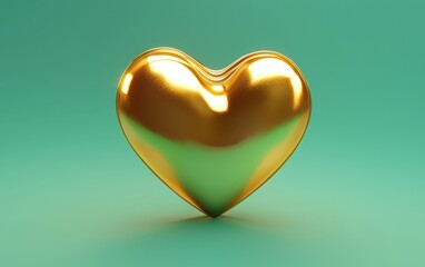 metallic golden heart with a smooth finish, placed on a pastel green gradient background. Valentines Day and 8 March theme
