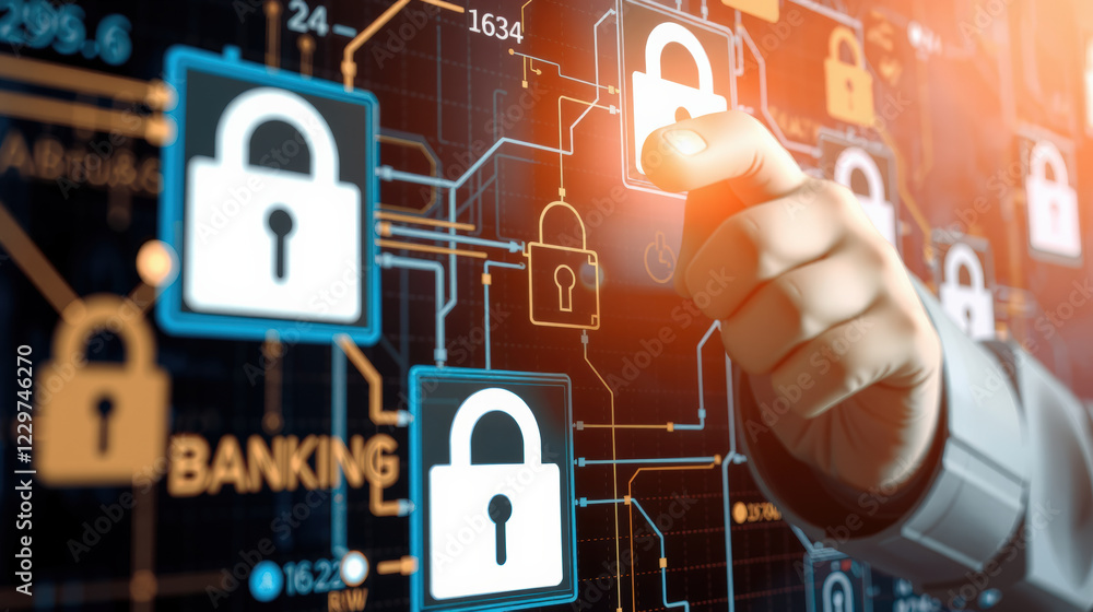 Poster hand interacting with digital locks on banking interface, symbolizing online security and protection