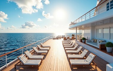 Obraz premium Cruise Ship Deck with Chaise Lounges and Ocean View
