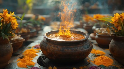 close-up of a Pongal pot boiling over on a rustic stove, symbolizing prosperity with sugarcane, turmeric plants, and rangoli