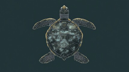 Fototapeta premium Baby sea turtle, top-down view, dark background, nature, educational resource