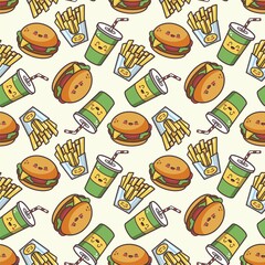 Cute Cheerful Fast Food Products Seamless Pattern