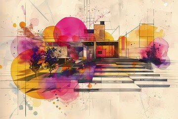 Playful and artistic rendering of a modern house with warm colors and abstract pink bubbles, AI generated