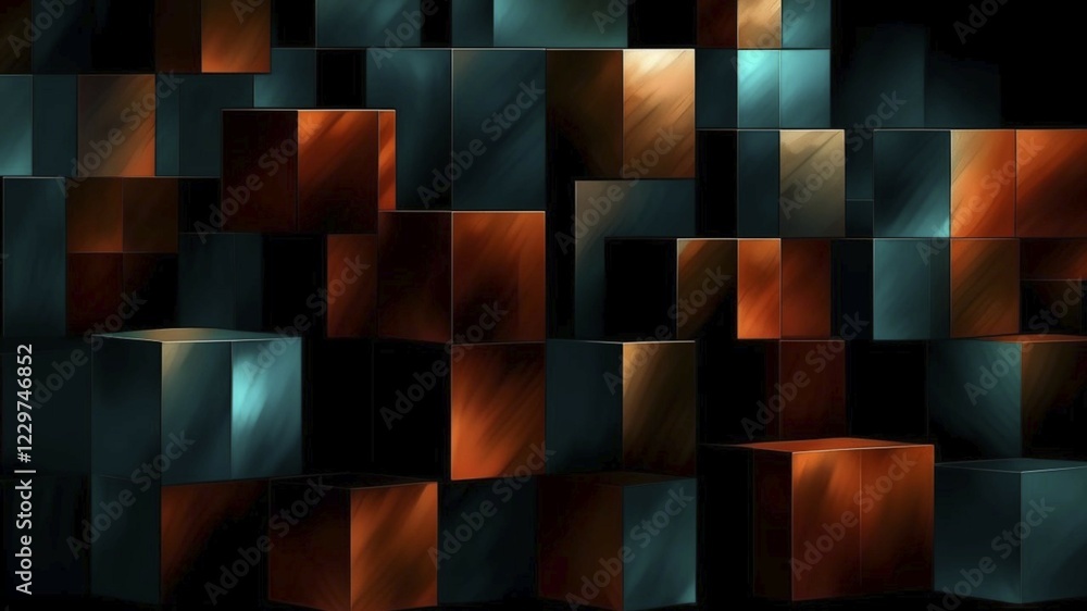 Poster abstract floating 3d blocks in teal and orange creating a dynamic perspective with dramatic lighting