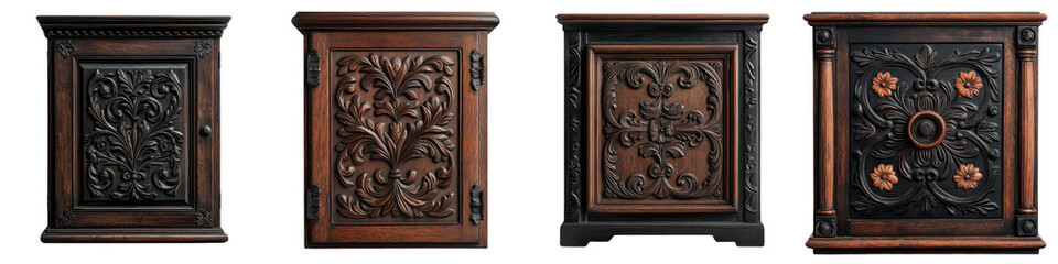 Stunning collection of antique carved wood furniture pieces featuring intricate floral and leaf designs showcasing exceptional craftsmanship and a timeless