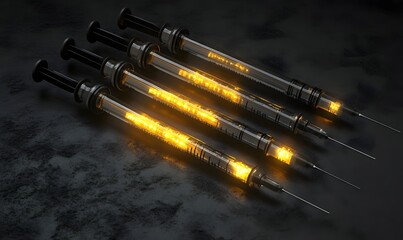 Glowing Syringes on Dark Surface, Medical Research