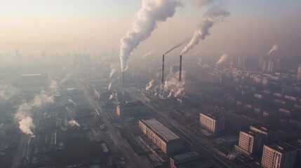 Aerial view of industrial smokestacks emitting thick smoke over a hazy urban landscape. Image highlights pollution challenges faced by cities globally.