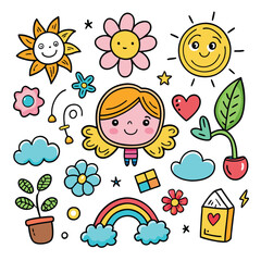 Cute Doodle Kids Vector: Hand-Drawn Childhood Elements Illustration