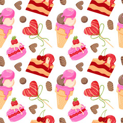 Seamless Valentines Day food pattern with heart shaped candy, chocolate, donut, lollipop and strawberry in cartoon. Perfect for gift wrapping, cards, textile and romantic design.