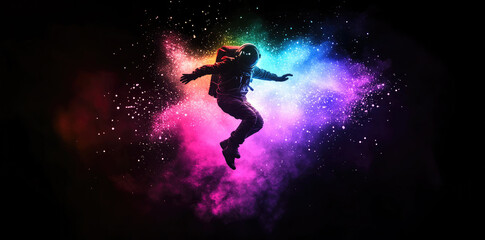 Naklejka premium Astronaut Floating in Space with Vibrant Colorful Nebula - Cosmic Exploration Art