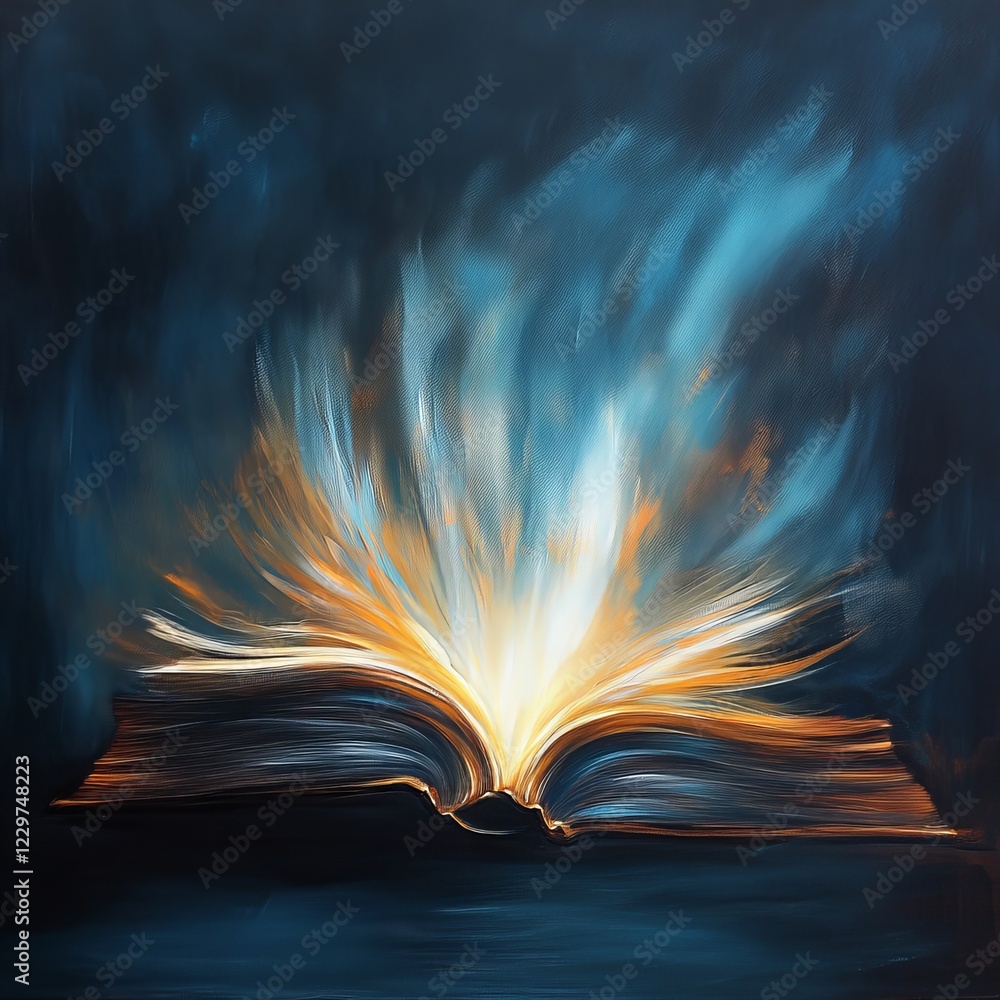 Poster an enchanting image of an open book with glowing pages, casting ethereal light against a dark, abstr