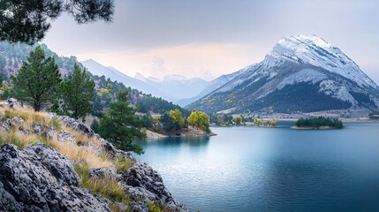 Serene mountain landscape with a tranquil lake, autumn foliage, and distant peaks under cloudy skies