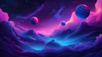 Fototapeta premium Beautiful illustration of a cosmic scene with planets, stars, and nebulae. Ideal for sci-fi, astronomy, and fantasy-related projects or educational materials.