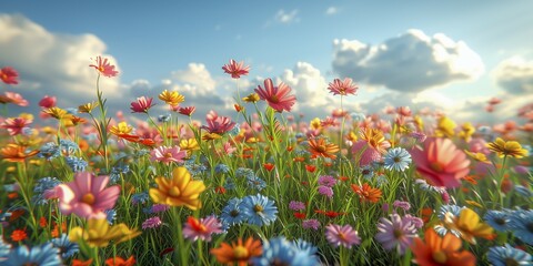 Fototapeta premium Illustration of a beautiful colourful flower meadow with a blue sky and impressive clouds. Depicted in the style of an oil painting. AI generated, AI generated, AI generated